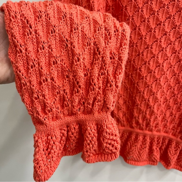By Anthropologie Flounce-Hem Pointelle Sweater Pleated Sleeves Orange Size XL - Picture 10 of 13